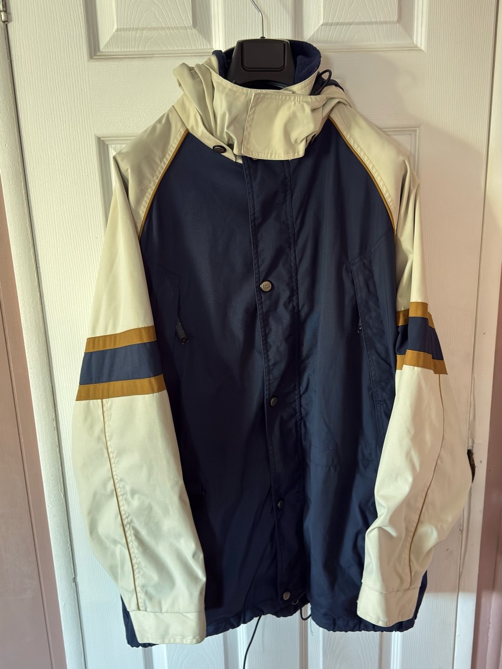 Vintage Powderhorn Men's Hooded Long Ski Jacket Full Zip Snap Blue Tan XL